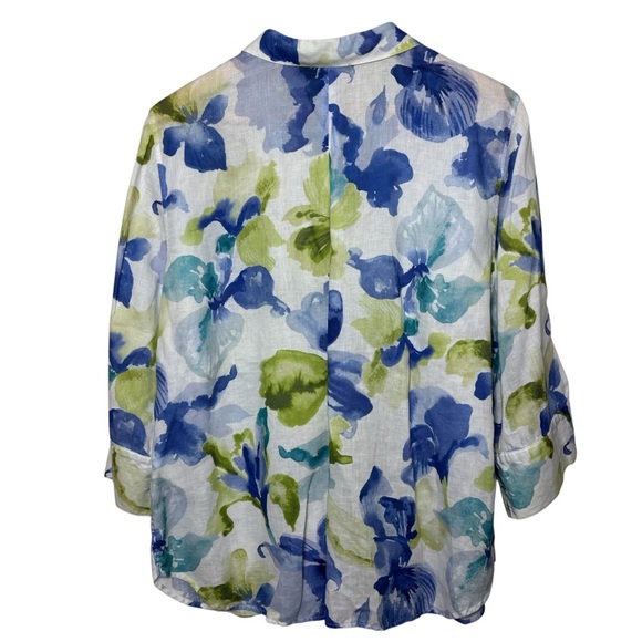Chico’s No Iron Top Blouse 100% Linen 3 XL 16 Floral Button Up Resortwear Coast - Picture 2 of 7